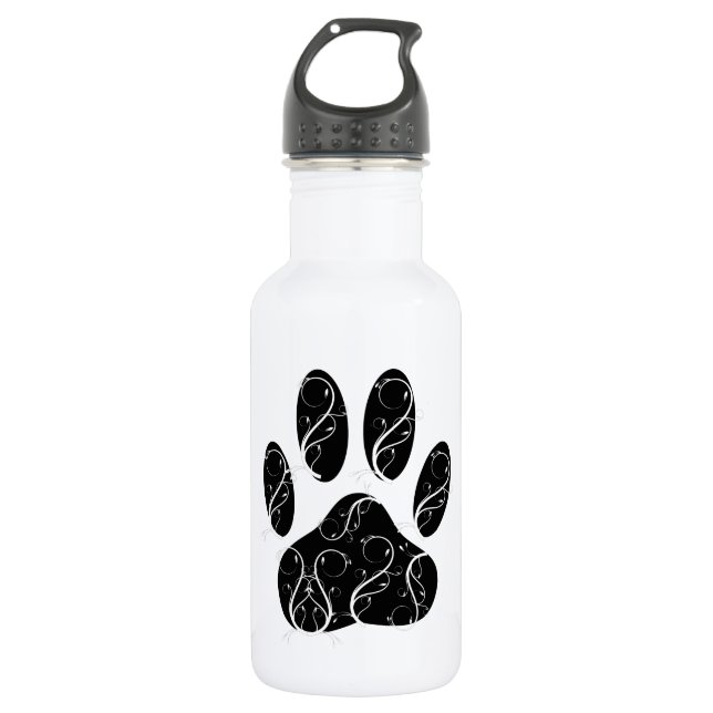 Schwarze Dog Pfosten mit weißen Schnörkeln Trinkflasche (Vorderseite)