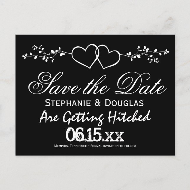 Schwarze Doppelherzen Save the Date Postkarten (Vorderseite)