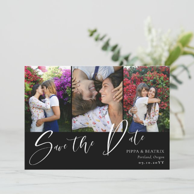 Schwarze doppelseitige Fotos, die das Datum speich Save The Date (Stehend Vorderseite)