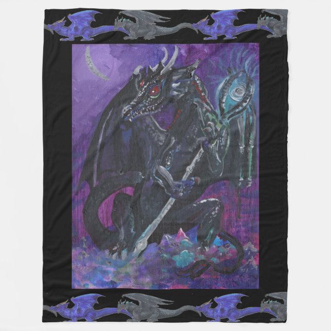 Schwarze Drachen Drache-Königin-König-Dame blaues Fleecedecke (Vorderseite)