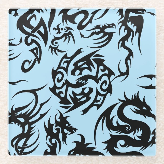 Schwarze Drachen Muster Kontur.b L Blue BG Glasuntersetzer (Vorderseite)