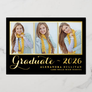 Schwarze Drei-Foto-Collage-Abschluss Gold Folieneinladung