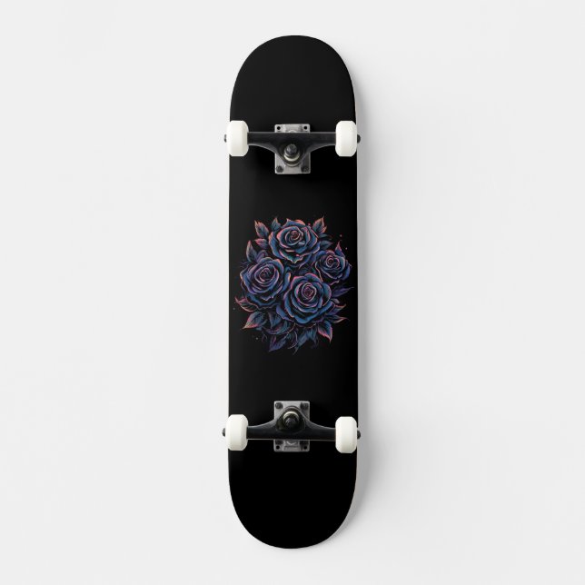 Schwarze dunkle Rose Blume Skateboard (Vorderseite)