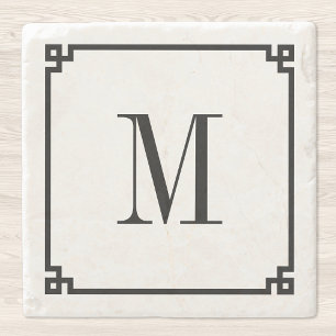 Schwarze dünne griechische Schlüsselrand-Monogramm Steinuntersetzer