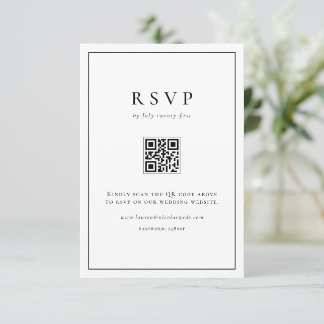 Schwarze einfache Typografie QR Code Formal Weddin RSVP Karte (Stehend Vorderseite)