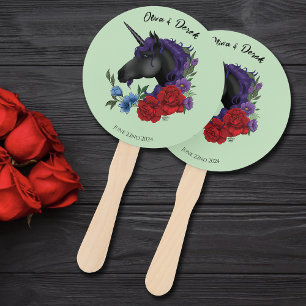 Schwarze Einhorn-Lila Rote Blume Fächer