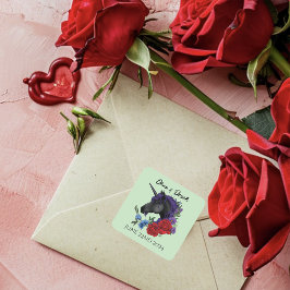 Schwarze Einhorn-Lila Rote Blume Quadratischer Aufkleber