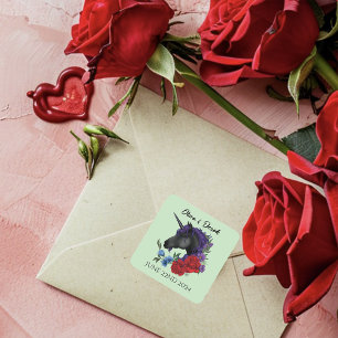 Schwarze Einhorn-Lila Rote Blume Quadratischer Aufkleber