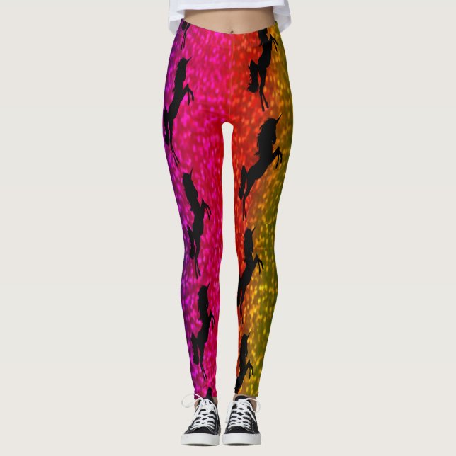 Schwarze Einhorn-Party-Blume Rosa blaue Punkte Leggings (Vorderseite)