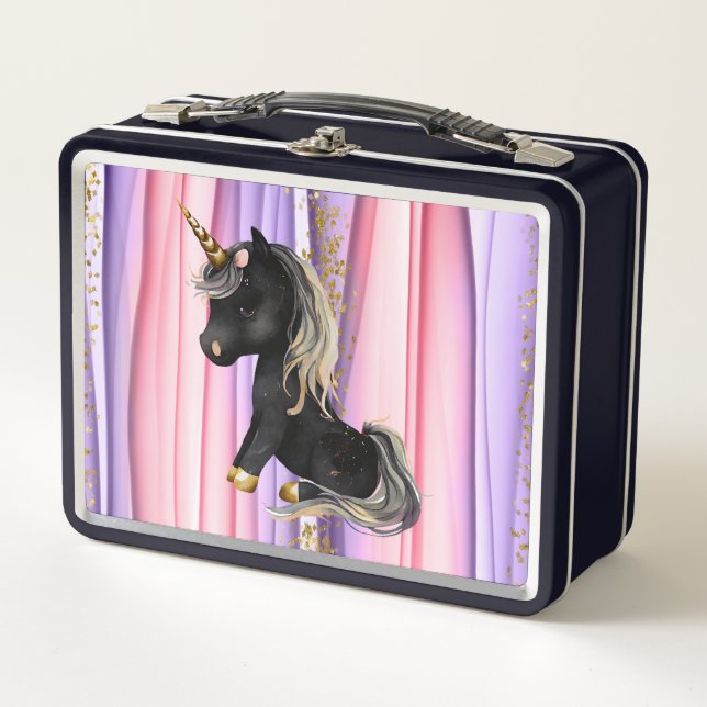 Schwarze Einhorn Rosa Ohren Metall Brotdose (Vorderseite)