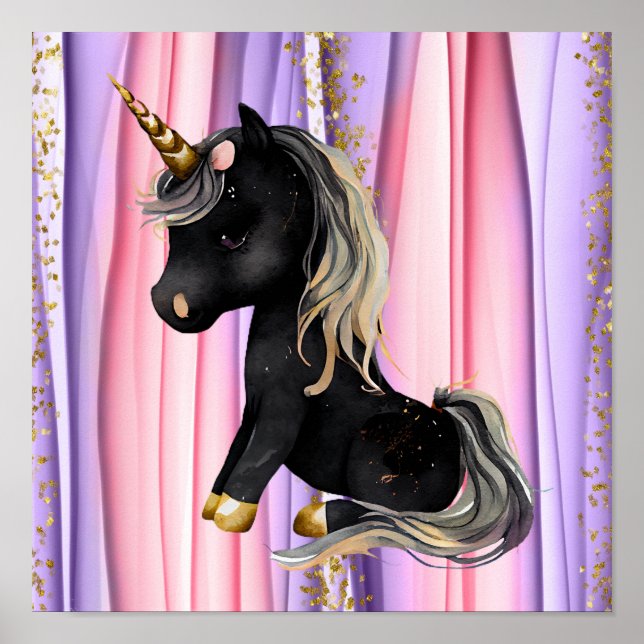 Schwarze Einhorn Rosa Ohren Poster (Vorne)