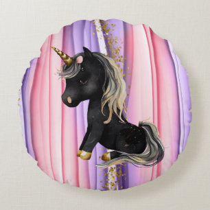 Schwarze Einhorn Rosa Ohren Rundes Kissen