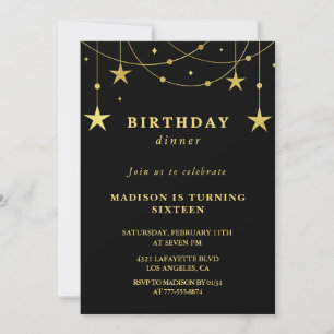 Schwarze Einladungen zum 16. Geburtstag Gold Stars