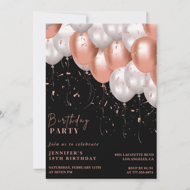 Schwarze Einladungen zum 18. Geburtstag Rose Gold  (Vorderseite)