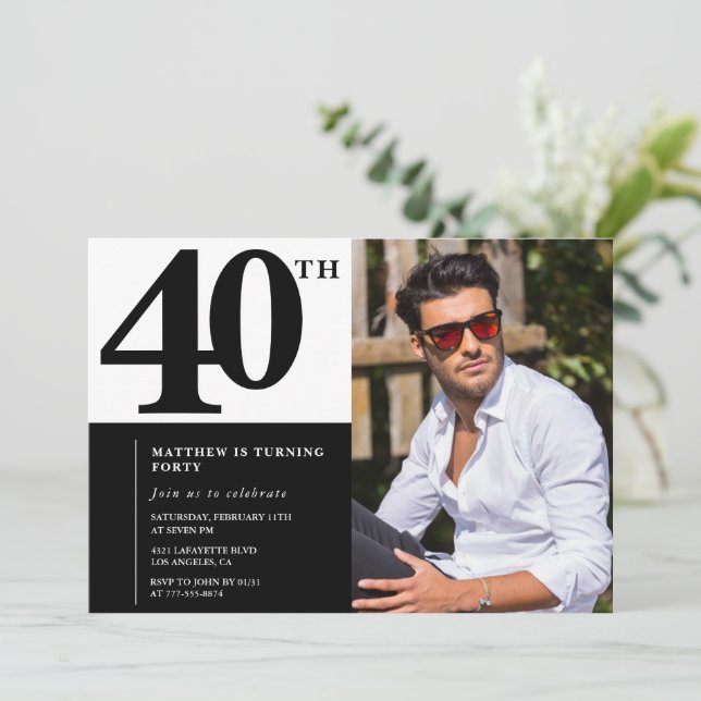 Schwarze Einladungen zum 40. Geburtstag Eleganter  (Stehend Vorderseite)
