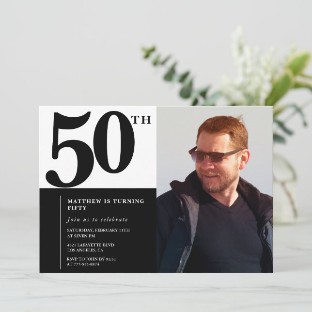 Schwarze Einladungen zum 50. Geburtstag Eleganter  (Stehend Vorderseite)