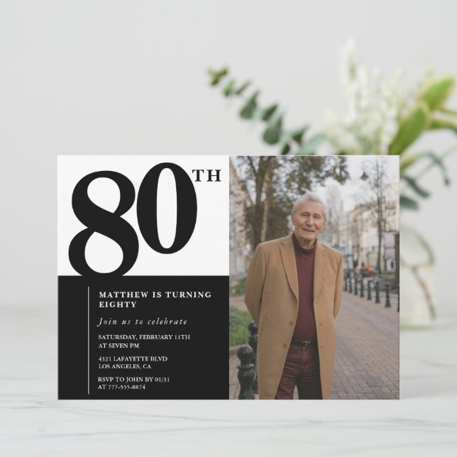 Schwarze Einladungen zum 80. Geburtstag Eleganter  (Stehend Vorderseite)