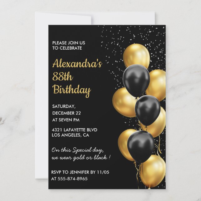 Schwarze Einladungen zum 88. Geburtstag Gold Glitz (Vorderseite)