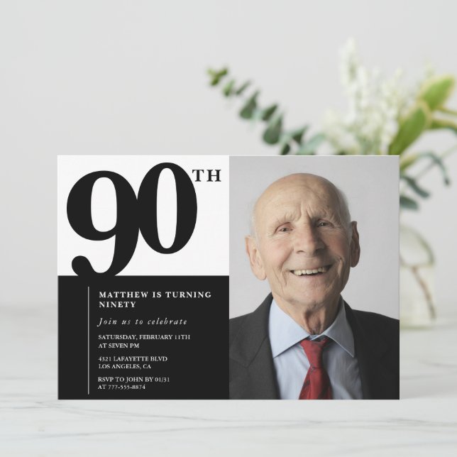Schwarze Einladungen zum 90. Geburtstag Eleganter  (Stehend Vorderseite)