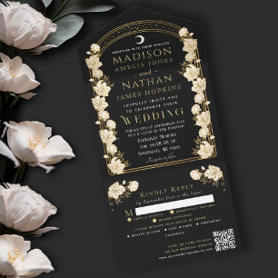 Schwarze elegante Art Nouveau-QR-Code-Hochzeit Bog All In One Einladung