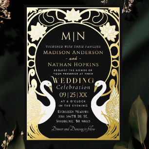 Schwarze elegante Art Nouveau Schwäne Hochzeit Folieneinladung
