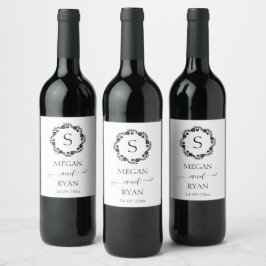 Schwarze Elegante Blumenrahmen Monogram Herz Wine Weinetikett