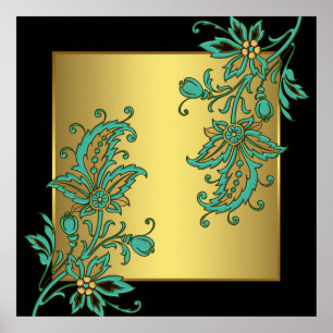 Schwarze elegante Blumenwandkunst im Goldenen Druc Poster
