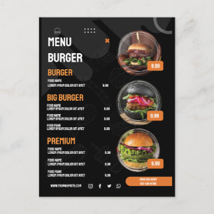 Schwarze elegante Burger-Restaurant-Menü-Einladung Postkarte