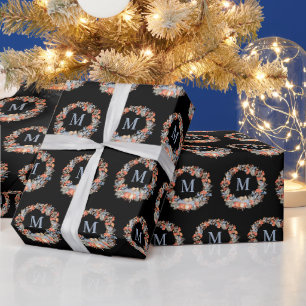 Schwarze elegante Chic Monogramm Girlande Weihnach Geschenkpapier