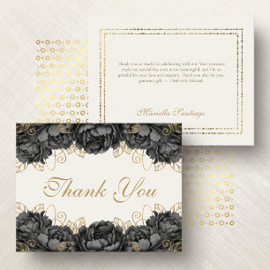 Schwarze elegante florale Quinceanera-Dankeskkarte Dankeskarte
