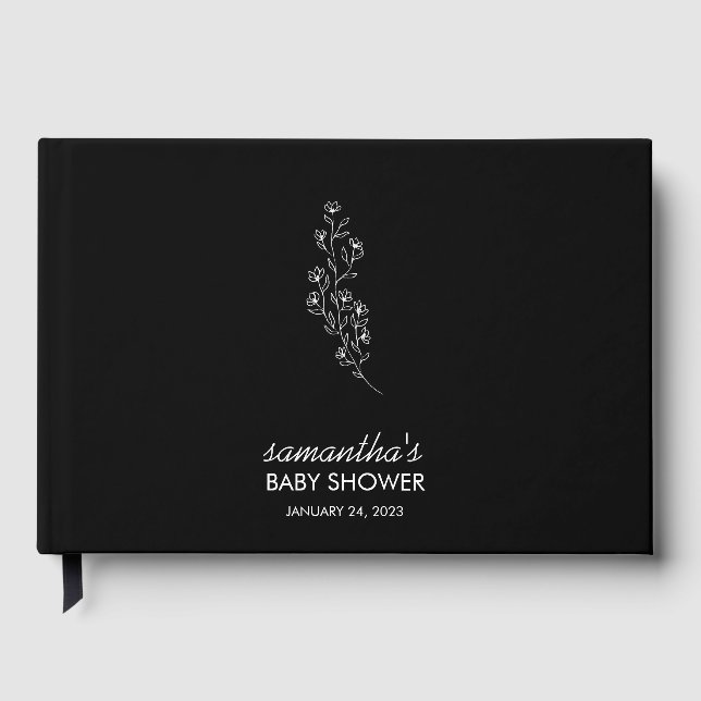 Schwarze elegante handgezeichnete florale Babypart Gästebuch (Vorderseite)