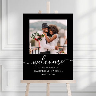 Schwarze elegante Kalligrafie Foto Hochzeitsbegrüß Poster