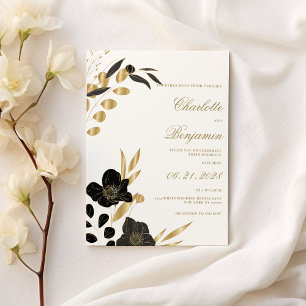 Schwarze elegante Luxus-Hochzeit mit floralem Blat Einladung