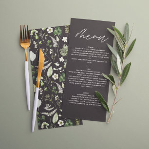 Schwarze elegante moderne botanische Schrift Hochz Menükarte
