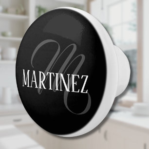 Schwarze elegante personalisierte Nachname Name Keramikknauf