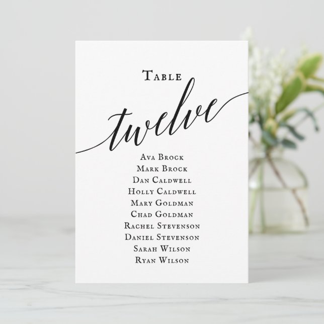 Schwarze, elegante Script-Tischnummer 12 Seating C Einladung (Stehend Vorderseite)