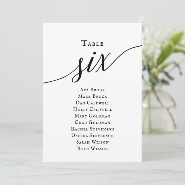 Schwarze, elegante Script-Tischnummer 6 Sitzungsta Einladung (Stehend Vorderseite)