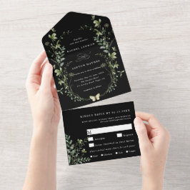 Schwarze Elegante Wildblume Hochzeit All In One Einladung