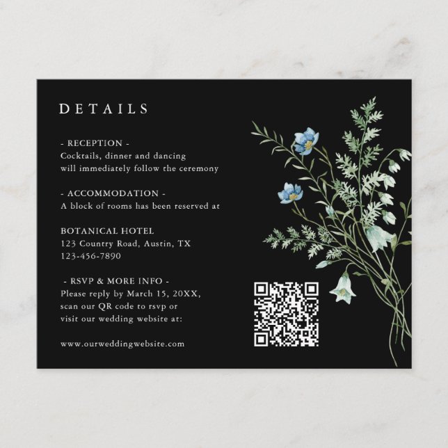 Schwarze Elegante Wildblume Hochzeitdetails Begleitkarte (Vorderseite)