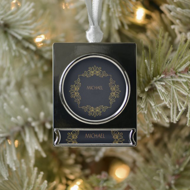 Schwarze Eleganz in Ihrem Namen Banner-Ornament Silber (Baum)