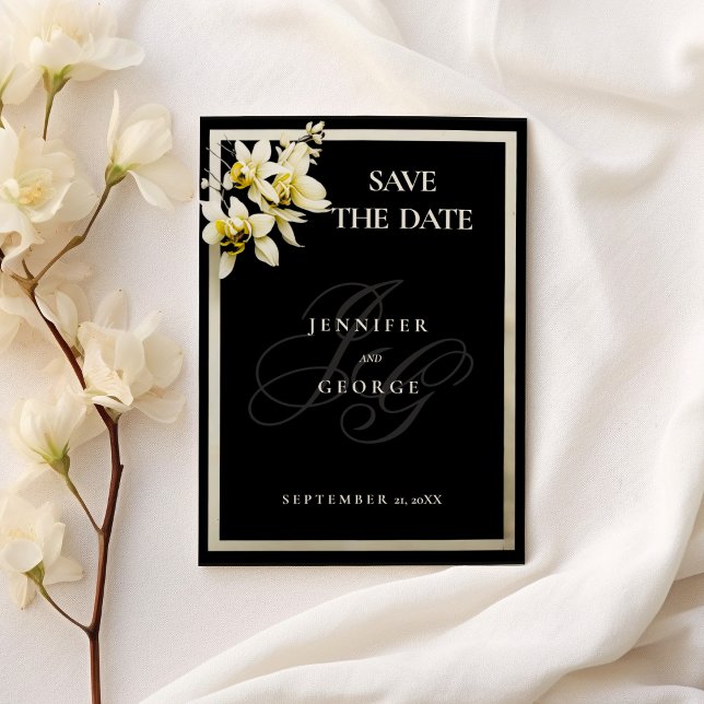Schwarze Elfenbeinmonogramm-Initialen Save the Dat Date (Black ivory monogram initials orchid Save The Date)