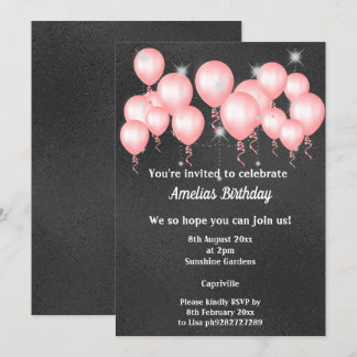 SCHWARZE EMBOSSED METAL PINK BALLOON BIRTHDAY PART EINLADUNG