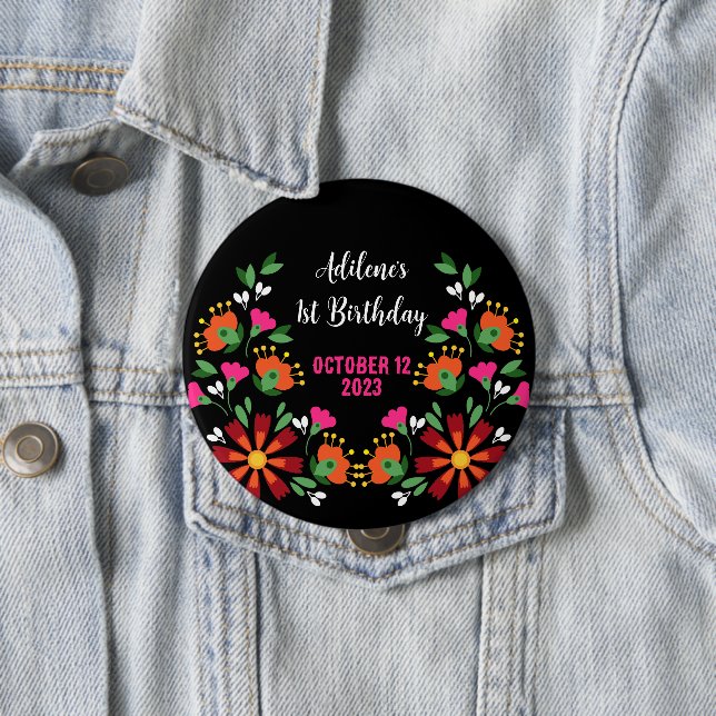 Schwarze ethnische Blume Fiesta mexikanische Stick Button (Beispiel)