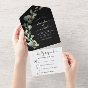 Schwarze Eukalyptus-Grünpflanzen-Hochzeit Elegant  All In One Einladung