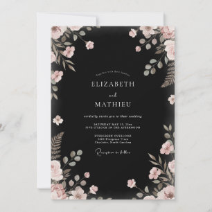 Schwarze Eukalyptus-Hochzeit mit rosafarbenem Blät Einladung