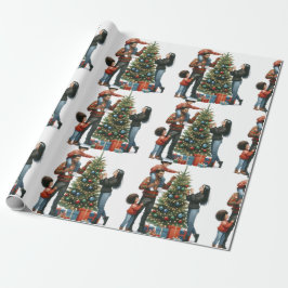 Schwarze Familie um den Weihnachtsbaum Geschenkpapier