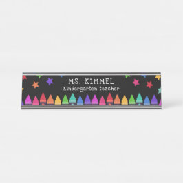 Schwarze farbige Crayons & Stars Lehrer Name Desk Schreibtischnamensplakette