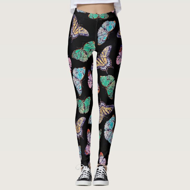 Schwarze farbige Wasserfarbenschmetterlinge Leggings (Vorderseite)