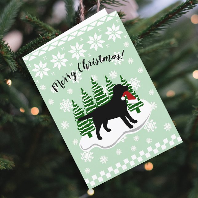 Schwarze Feiertagskarte (Black Labrador Evergreen Snowflakes Design Christmas Cards for Black Labrador Owners.  Silhouette.)