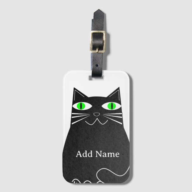 Schwarze Fett-Katze mit grünem Individuelle Name Gepäckanhänger (Vorderseite Vertikal)